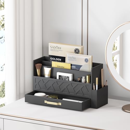 Wisuce Bamboo Mail Organizer Countertop with Drawer and Pen Holder, Black - color: Black