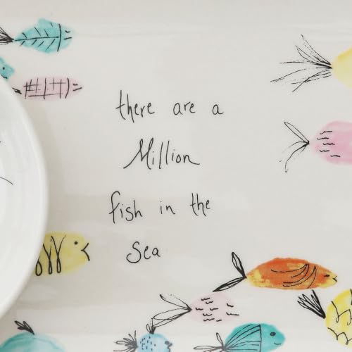 Creative Co-Op Coastal Stoneware Serving Platter and Dip Dish with Mermaid and Sea Life Illustrations, Multicolor - size: 11-3/4"L x 5-3/4"W