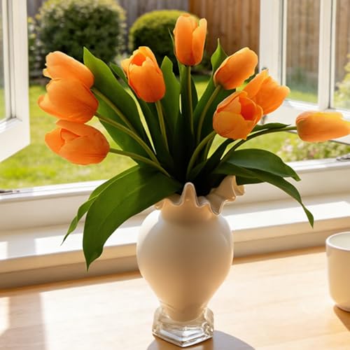 10 Stems 14 Inch Tulips Artificial Flowers Realistic Faux Flowers - color: Orange