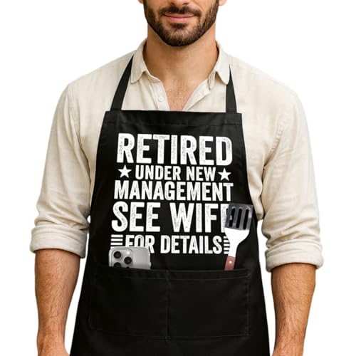 Funny Black Grill Apron with Pockets for Man,Dad,Husband,Father in Law,Chef Daddy Grilling Apron BBQ Cooking Gifts - color: Retired Gift