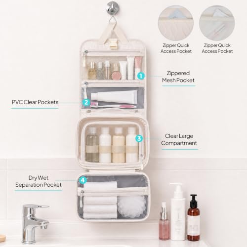TOPEAST Quilted Travel Toiletry Bag for Women,Detachable Hanging Makeup Bag - color: White