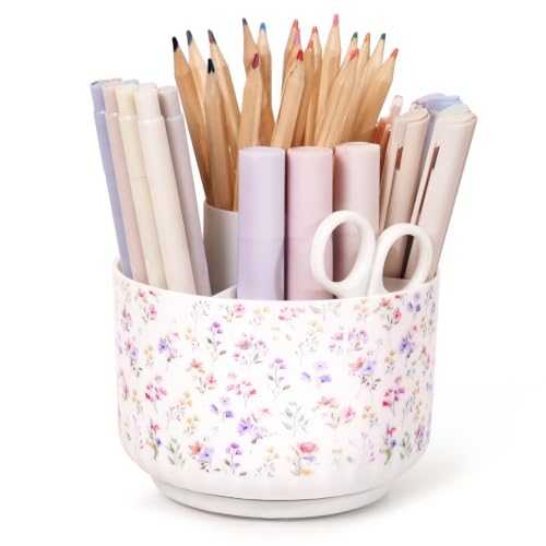SKYDUE Rotating Pencil Pen Holder for Desk, Pencil Cup with 5 Slots - color: Floral