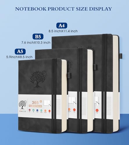 PERCUN A4 Lined Journal Notebook，365 Page Large Leather Journals for Writing Women Men，Hardcover Notebook with 100Gsm Thick Pages for Travel，Work，School，College Ruled, Daily Diary (8.5" x 11.4") - color: Black, size: A4