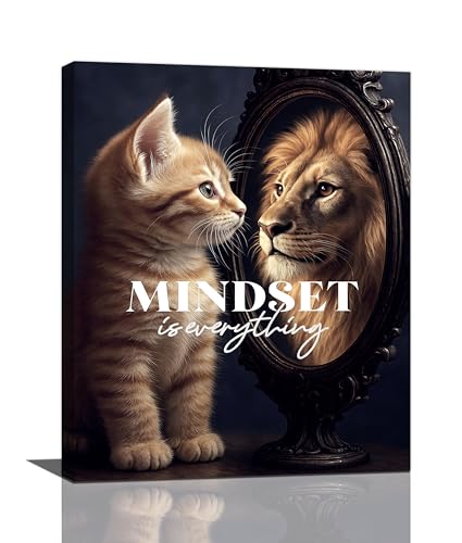 Motivational Lion And Cat Wall Art For Kids Mindset Is Everything Nursery Canvas Wall Decor Inspirational Pictures Paintings Prints Artwork Framed Decorations For Children's Room Bathroom Bedroom Living Room Office Gifts 16" x 20" - color: Cat And Lion, s