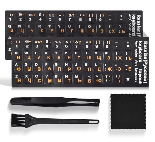 2PCS Russain Keyboard Stickers with Tweezer, Replacement Cyrillic Keyboard Letters Black Background Orange Letterring for Laptops Notebooks PC Computer Desktop, Russian-English Keyboard Sticker - color: Russian Orange Letters