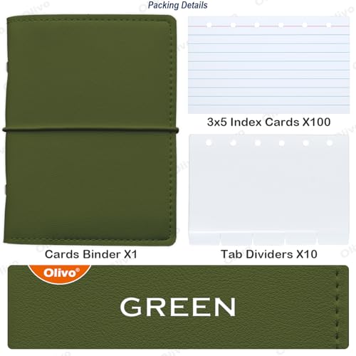 Olivo 3x5 Lined Index Cards with Ring Binder Holder and Dividers, Green - color: Green