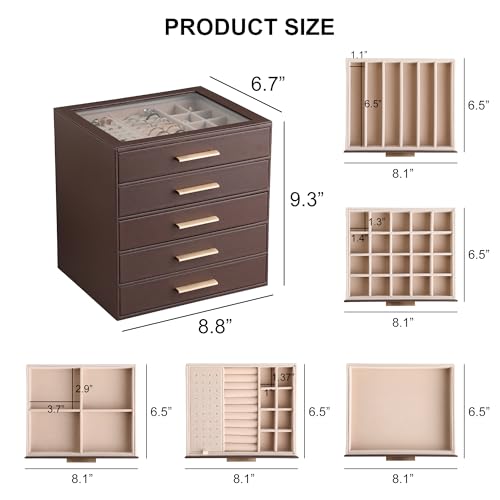 Frebeauty Jewelry Box for Women,Clear Lid Jewelry Organizer with 5 Drawers - color: Dark Brown, size: 5 Drawer