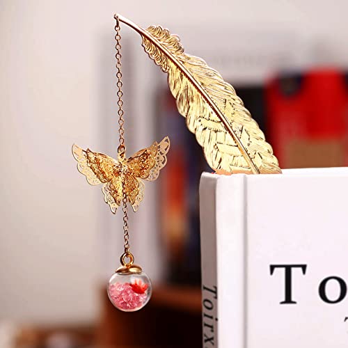 Toirxarn Metal Feather Bookmark, Back to School Teacher Gift for Women - color: Feather Gold - Pink Crystal With Red Flower