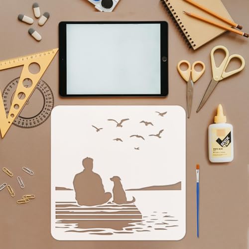 FINGERINSPIRE People and Dogs Stencil with 1Pc Plastic Paint Brush 11.8x11.8inch Reusable Shore Scenery Template Flying Birds Stencil Human Dog Pattern Template for DIY Art Craft Home Wall Decor - style: People and Dogs