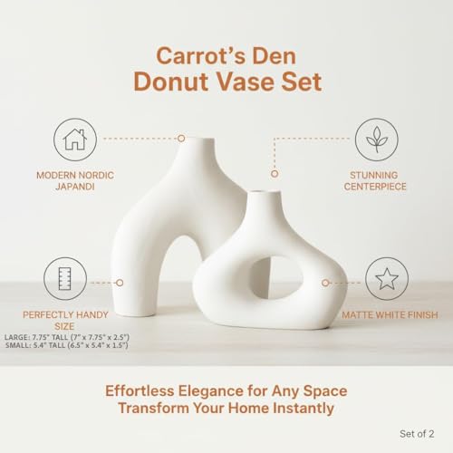 Carrot's Den Ceramic Modern Vase Set of 2, Donut Shelf Decor, Warm White - color: Warm White