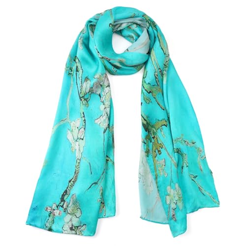 JWSilk Long Charmeuse Silk Scarf Classic Art Print - color: Almond Blossoms By Van Gogh