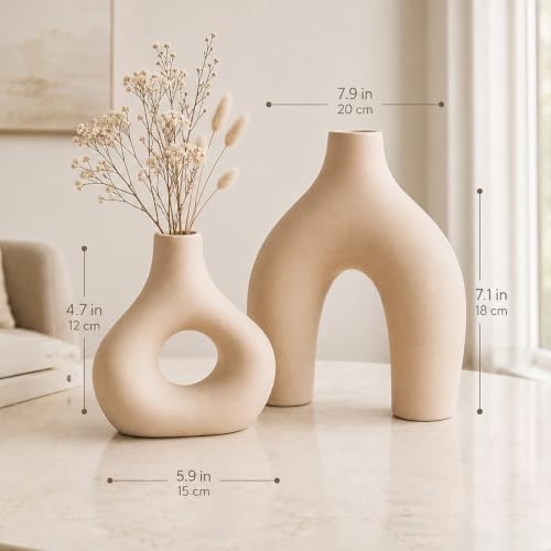 Patelai Set of 2 Mid Century Modern Home Decor Donut Vases, Brown - color: Brown