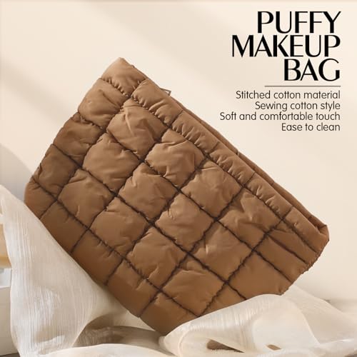 Hillban Brown Puffy Quilted Makeup Bag for Women Cosmetic Bag Gift, Classic - color: Brown, size: Classic