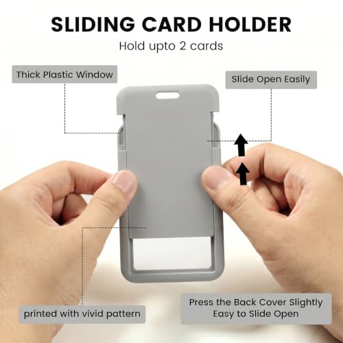ID Card Badge Holder Key Chain with Metal Keyring, Plastic Slide Open with ID Window for Women Men Girls Students - color: Pure Gray
