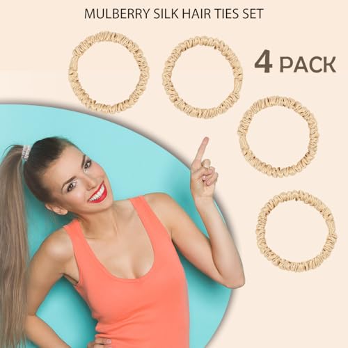 100% Mulberry Silk Hair Ties 4PCS, Silk Scrunchies for Women - color: 4Pcs(Champagne Gold*4)