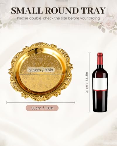 2PCS Coffee Table Tray 11.8in Round Decorative Tray Vintage Metal Dessert Plates for Snacks Fruit Gold - color: Gold, size: 11.8 in