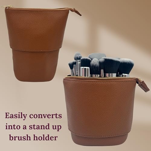 JAZD Travel Makeup Brush Bag Standup Brush Holder Portable Convertible Make up Brush Pouch Cosmetic Case (BROWN) - color: BROWN