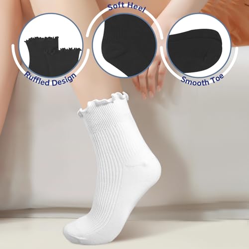 Jeffbaubl 6 Pairs Womens Ruffle Socks, Turn-Cuff Frilly Sock, Cute Ruffle Ankle Socks, Soft Breathable Lightweight(3 Black + 3 White)