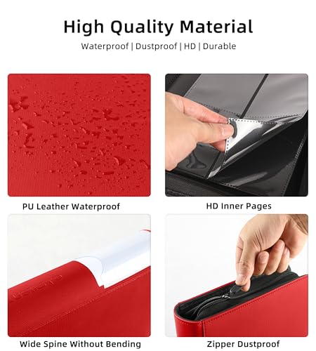Top Loader Binder, Holds 128 Cards, 4 Pocket Zipper Binder for 3" x 4" Top Loader, Ringless Side-Loading Pages, Collectible Sports & Hard Sleeve Card Album (Red) - color: Red
