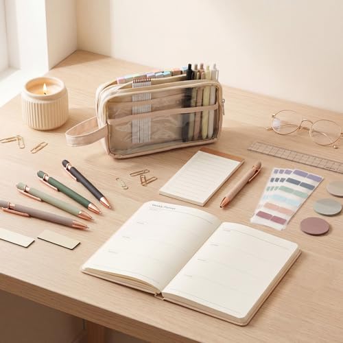 Crtiin 52 Pcs Aesthetic Pencil Pouch Set with Pen Highlighters, Beige - color: Beige