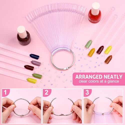 Subay 200 Pcs Nail Swatches Sticks with Number Stickers, Fan-Shaped Practice Nail Art Tips Sticks for Nail Polish Display, Nail Color Swatches Tools with Metal Split Ring for Gel Manicure Home Salon - color: Clear 200Pcs
