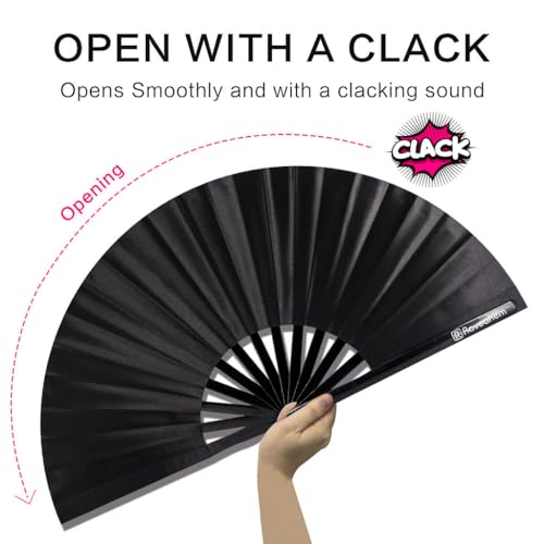 13" Large Rave Fan Bamboo, Folding Clack Hand Fans Foldable for Men Women, Poping Fan for EDM Festival Line Dance Decoration, (Black2, Large 13") - color: Black2, size: Large 13"