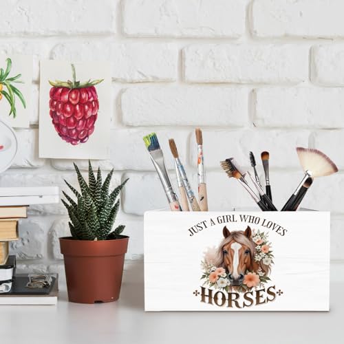 Rustic Floral Horse Pen Holder for Desk, Gifts for Horse Lovers Pencil Organizer, Just a Girl Who Loves Horses Wooden Box Sign Desk Decor for Home Office Decoration - color: HORSE