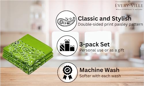 Every-ville Cotton Bandana Handkerchief for Men & Women, 3 Pack - color: Lime Green