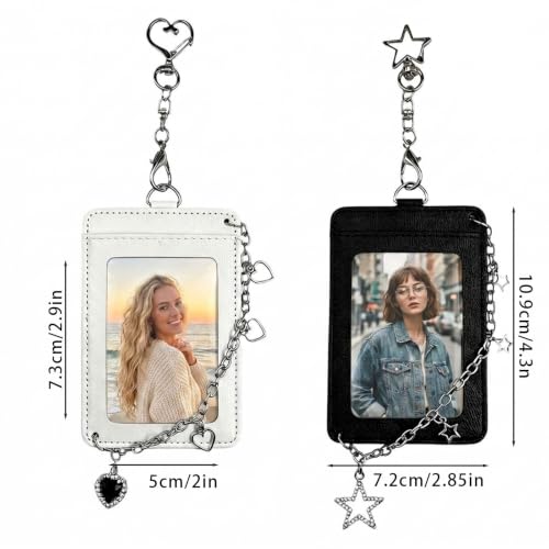 K-pop Photocard Holder Keychain with Metal Chain,Photocard Holder Keychain for Fans,Star&Heart Design Photo Card Keychain - color: 1*black+1*white