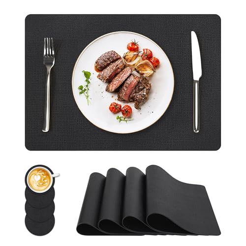 NCUE Vinyl Placemats Set of 4, 17"x12" Wipeable Place Mats with Coasters - color: Black, size: Set of 4