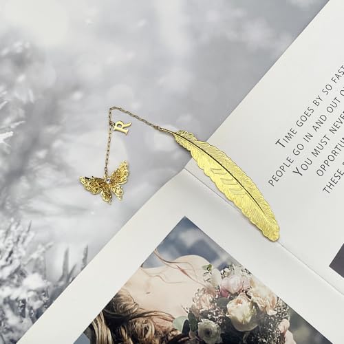 Initial Letter and Butterfly Charm Metal Feather Bookmark (Gold-R) - style: Gold-R