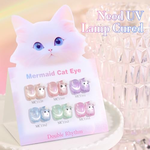 Double Rhythm Cat Eye Gel Nail Polish Set of 6 Same Color Same Bottle 0.5 Oz Shimmer Glitter with Magnet Holographic Reflective Magnetic UV Nail Polish Kit at Home (Nude Pink Green Purple-T6-29) - color: Green Blue