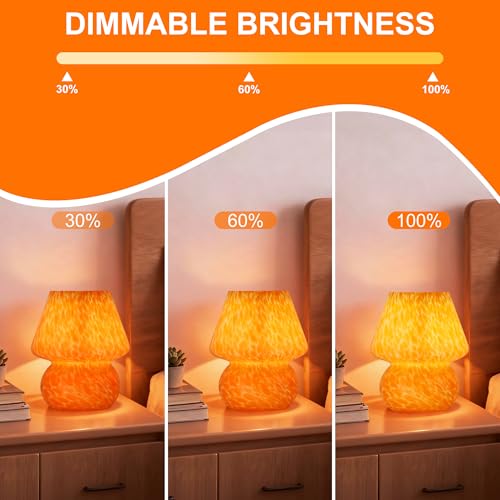 Mushroom Lamp with LED Bulb, Small Glass Bedside Lamp, Coral Orange - color: Coral Orange