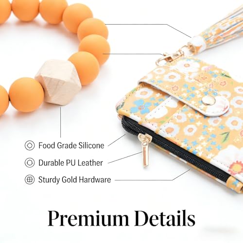 Flower Keychain Wristlet Wallet for Women, Cute Silicone Beaded Credit Card Holder Key Ring Bracelet Wallet - color: D-yellow