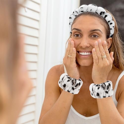 Tetizo Spa Headbands for Washing Face Wristband Set Sponge Makeup Skincare Headband Wrist Towels Bubble Soft Terry Towel Cloth Hairband for Women Puffy Headwear Non Slip Thick Thin Hair Headwear - color: Leopard White