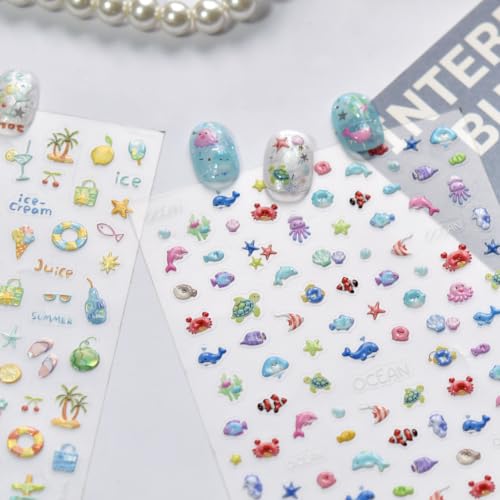 5D Embossed Under The Sea Stickers for Nail Art Jelly Fish Self-Adhesive Nail Art Decals for Women Nail Supplies Art Design Stickers (to5726) - style: to5726