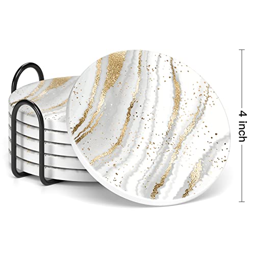 Coasters for Drinks, Set of 6 Cute Absorbent Ceramic Drink Coasters - color: Luxury White Gold Marble 03