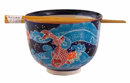 Ebros Gift Artistic Donburi Ramen Udon Noodles Soup Salad 5" D 18Oz Bowl With Bamboo Chopsticks And Built In Rest Set Asian Dining Kitchen Accent (Red Koi Fishes In Blue Waters) - color: Red Koi Fishes In Blue Waters