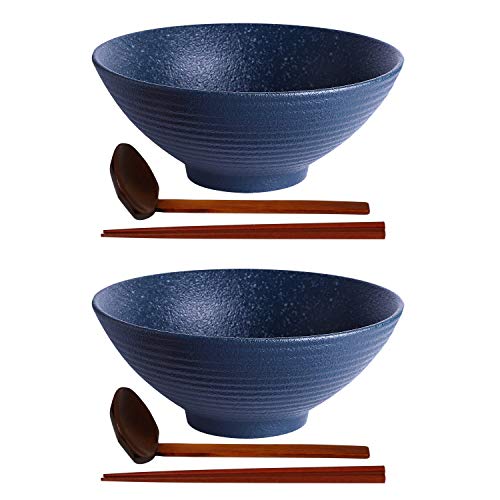 Kanwone Ceramic Japanese Ramen Bowl Set, Noodle Soup Bowls - 60 Ounce, with Matching Spoons and Chopsticks for Udon Soba Pho Asian Noodles, Set of 2, Navy - color: Navy, size: 9 Inch