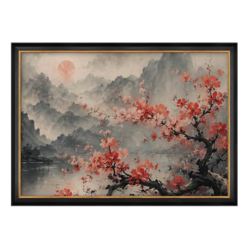 MUDECOR Premium Framed Wall Art Red Plum Blossom Chinese Ink Mountain Illustrations Impressionism Colorful for Living Room, Bedroom, Office - 26"x36" Black - color: B11-2606-EDW06, size: 36"L x 26"W, style: Black Frame