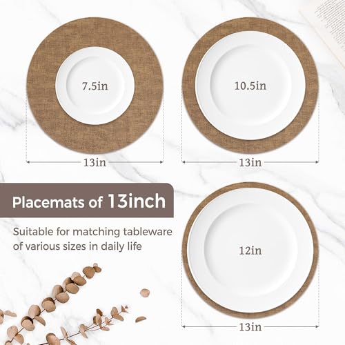 13" Round Placemats Set of 6, Reversible Faux Leather Wipeable Table Mats - color: Light Brown