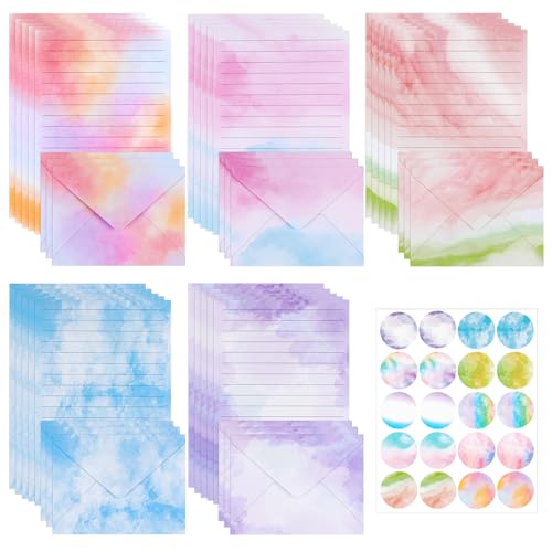 Konsait Watercolor Letter Stationary and Envelopes Set, 30 PCS Writing Stationary Paper with 15 PCS Envelopes and 1 Sheet Sticker, Colorful Letter Writing Set for Party Invitations (A)