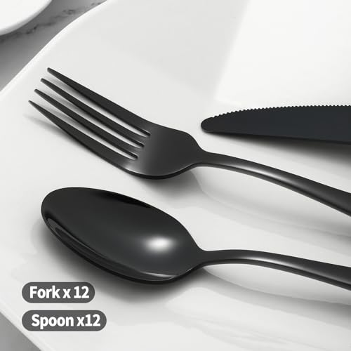 24PCS Forks and Spoons, Stainless Steel Black Spoons and Forks Set for 12 - color: Black