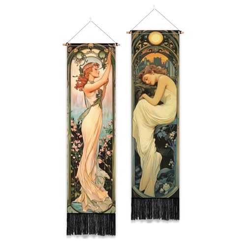 PLIGREAT 2 Pack Mucha Style Vertical Tapestry, Aesthetic Wall Hanging - color: beige,green