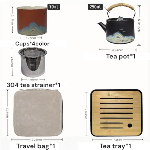 Chinese Tea Set – Black Porcelain Gongfu Teapot with 4 Colors Cups & Tea Tray & Tea Strainer, Travel Tea Set with Carrying Case for Tea Ceremony, Daily Tea Ritual, Asian Style Gift - color: Black Teapot & 4-Color Teacups