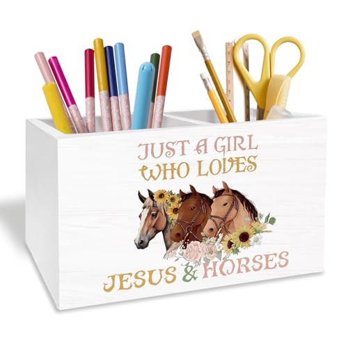Floral Horse Christian Pen Holder for Desk, Horse Lover Gifts Pencil Organizer, Just a Girl Who Loves Jesus and Horses Wooden Box Sign Desk Decor for Girls Room Home Decoration - color: FLORAL HORSE