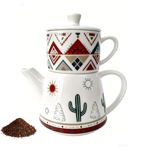 Porcelain Teapot Ceramic Tea for One Set 15OZ Vintage Floral Tea Pot with Cup Stackable TeaPot and MugSet with English Breakfast Tea Gift Box as Home & Kitchen Tools Idear for Tea Lover - style: Cactus