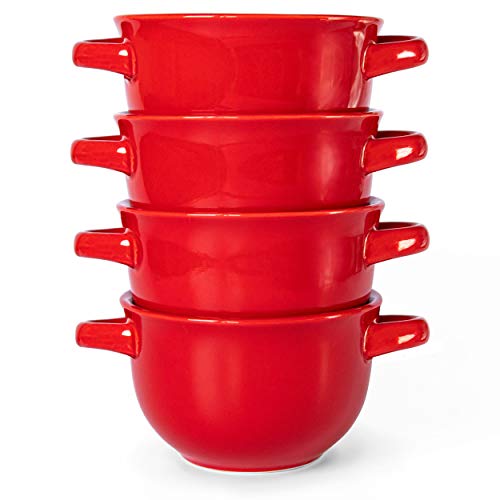 KooK French Onion Soup Crocks with Lids & Handles, Set of 4, Cherry Red - color: Red