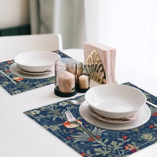 Vintage Morris Art Placemats 4 Pcs,Retro Floral Botanical Leaves Blue Design Linen Placemats for Kitchen Table Dining Room Coffe Set of 4 - color: Blue, size: 12x18"Placemats x4