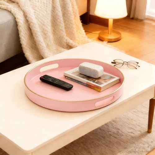 Pink Serving Tray with Handles,Round Coffee Table Tray Ottoman Tray - color: Round Tray-pink